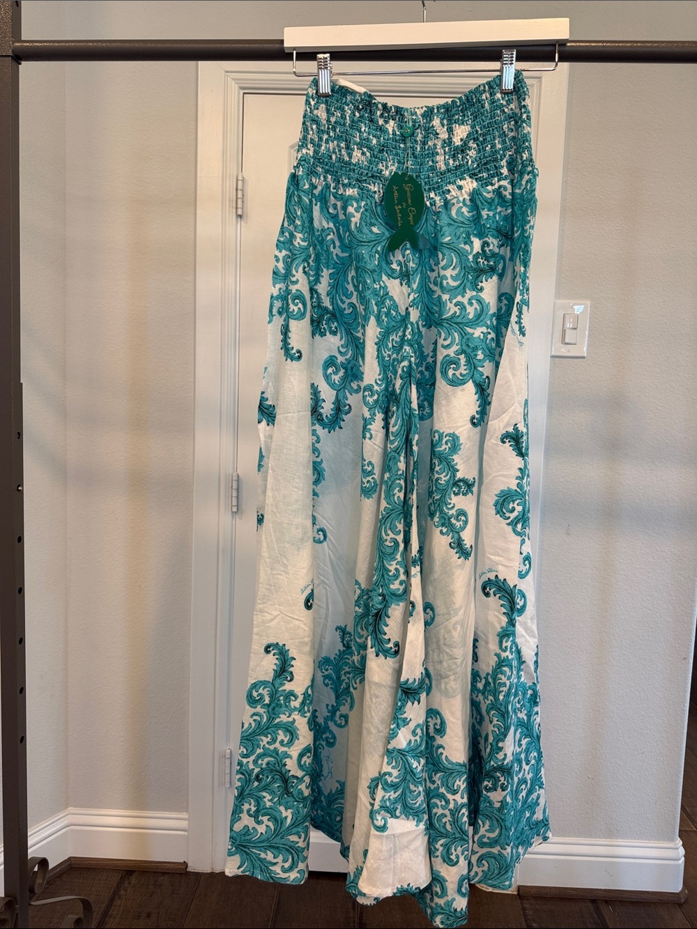 NWT Antica Sartoria Women's White and Teal Printed Wide-Leg pants one size